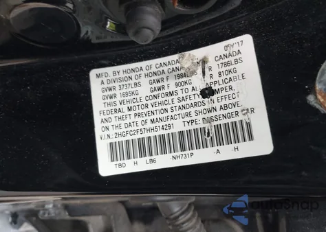 2017 Honda Civic Lx из США, поврежденный, VIN 2HGFC2F57HH514291